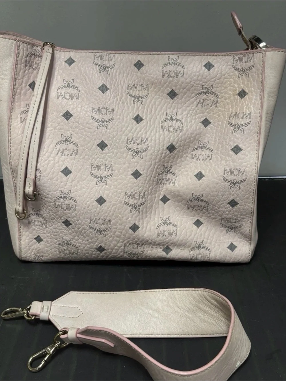 MCM Medium Klara Monogram Leather Hobo Bag Power Pink